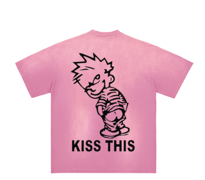 Monkey Washed ''Kiss this" Distressed Drop Shoulder Crew Neck T-Shirt