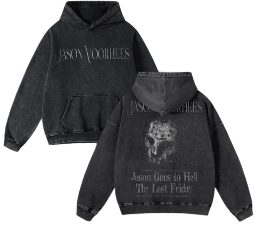 Jason Voorhees Dark Death Fear Vintage Broken Print Graphics Washed Distressed Pocket Hoodie