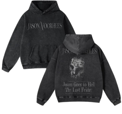 Jason Voorhees Dark Death Fear Vintage Broken Print Graphics Washed Distressed Pocket Hoodie